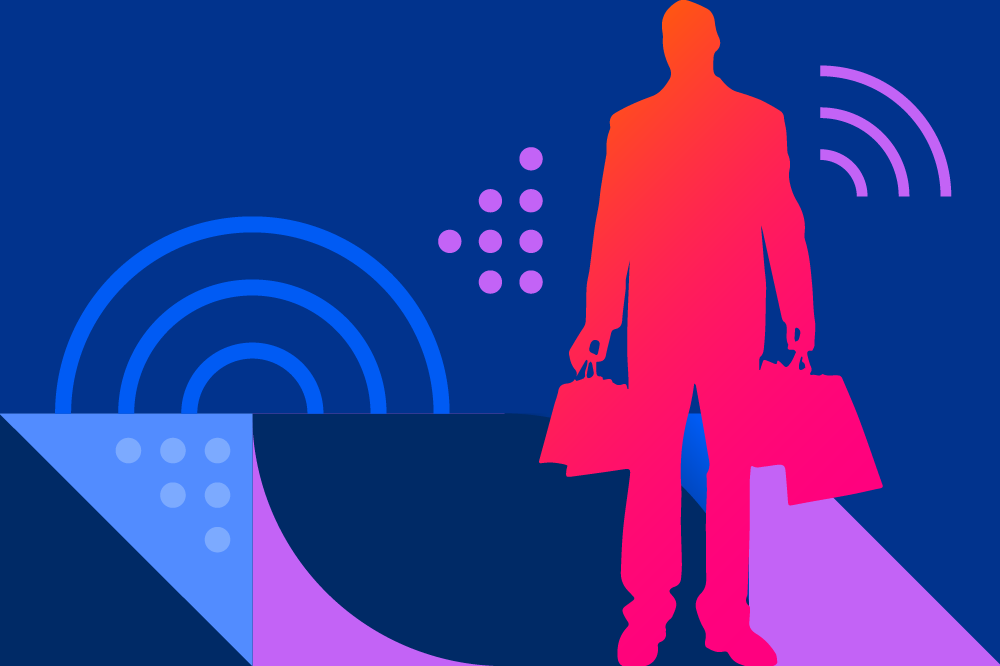 blue and purple patterns with a pink silhouette representing TikTok advertising